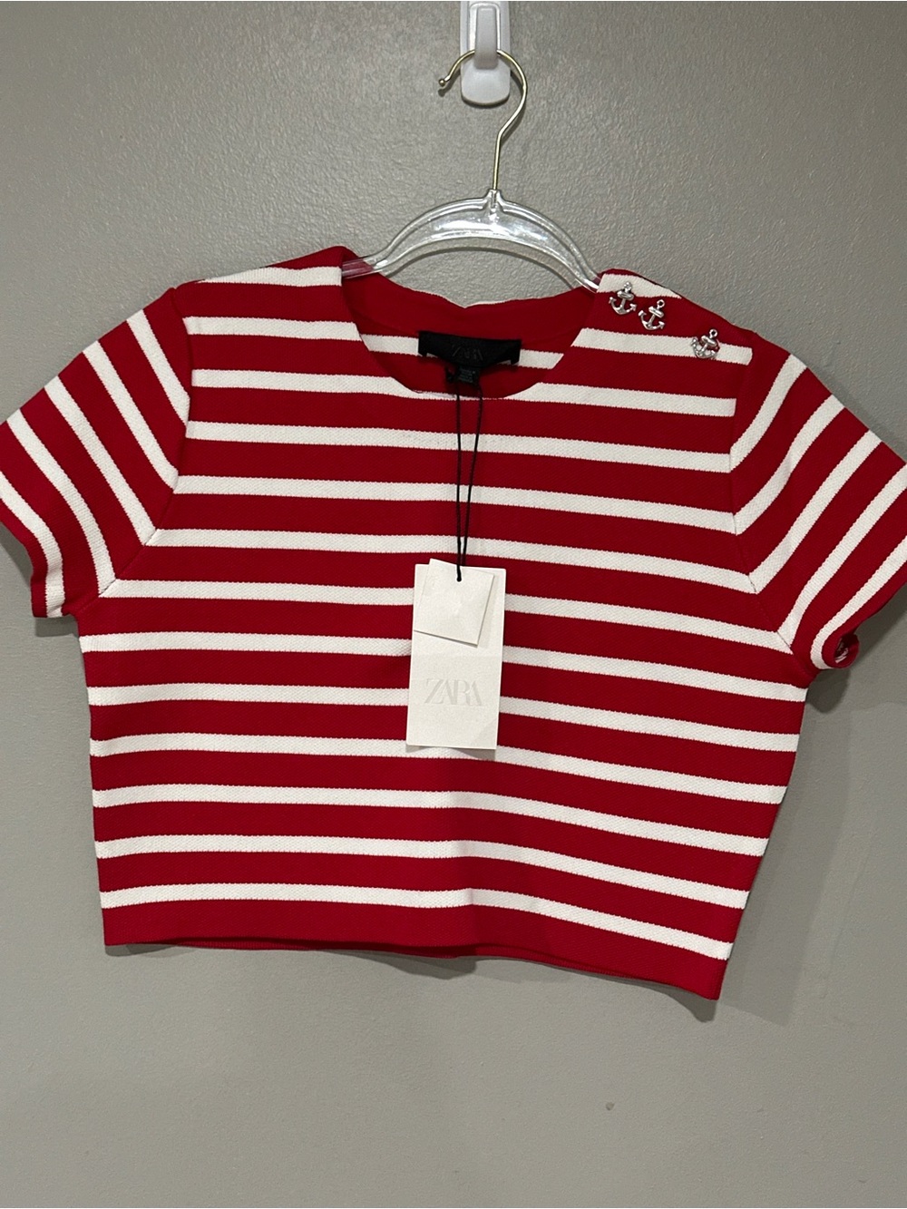 Zara Red & White Striped Cropped Tee